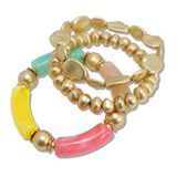 111211, MATTE GOLD AND RESIN BAR MULTI LAYERED STRETCH BRACELET