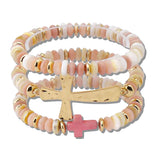 111215, HAMMERED METALLIC AND DISC BEAD CROSS MULTI LAYERED STRETCH BRACELET