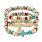 111215, HAMMERED METALLIC AND DISC BEAD CROSS MULTI LAYERED STRETCH BRACELET