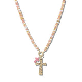 111216, HAMMERED METALLIC AND MULTI BEAD CROSS NECKLACE