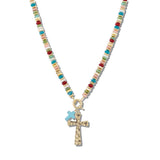 111216, HAMMERED METALLIC AND MULTI BEAD CROSS NECKLACE