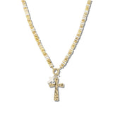 111216, HAMMERED METALLIC AND MULTI BEAD CROSS NECKLACE