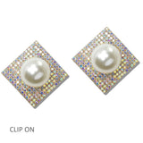 111223, PEARL AND PAVE CRYSTAL SQUARE CLIP ON EARRINGS