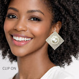 111223, PEARL AND PAVE CRYSTAL SQUARE CLIP ON EARRINGS