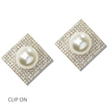 111223, PEARL AND PAVE CRYSTAL SQUARE CLIP ON EARRINGS