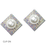 111223, PEARL AND PAVE CRYSTAL SQUARE CLIP ON EARRINGS