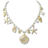 111237, PEARL BEADED SEASHELL AND STARFISH CHARM STATEMENT NECKLACE