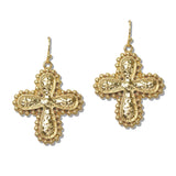 111250, HAMMERED METALLIC CROSS DROP EARRINGS
