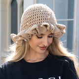 111291, PEARL ACCENTED RUFFLED CROCHET BUCKET HAT