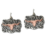 111351, WESTERN STEER HEAD FILIGREE PLATE EARRINGS