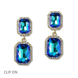 111373, EMERALD CUT CRYSTAL CLIP ON DROP EARRINGS