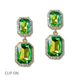 111373, EMERALD CUT CRYSTAL CLIP ON DROP EARRINGS