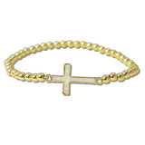 111465, MOTHER OF PEARL SIDE CROSS STAINLESS STEEL BEAD STRETCH BRACELET