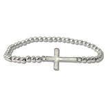 111465, MOTHER OF PEARL SIDE CROSS STAINLESS STEEL BEAD STRETCH BRACELET