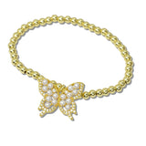 111467, PEARL AND PAVE BUTTERFLY CHARM STAINLESS STEEL BEAD STRETCH BRACELET