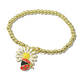 111468, ENAMEL LADYBUG AND DAISY CHARM STAINLESS STEEL BEAD STRETCH BRACELET