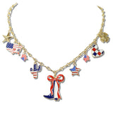 111518, PATRIOTIC AMERICAN BOW BOOTS ENAMEL MULTI CHARM NECKLACE