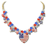 111519, PATRIOTIC HEART AMERICAN FLAG CHARM BEADED NECKLACE