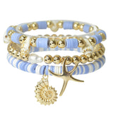 111524, COASTAL STARFISH AND SHELL MULTI LAYERED BEAD STRETCH BRACELET