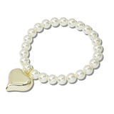 111588, 14K GOLD PLATED BUBBLE HEART CHARM PEARL STRETCH BRACELET
