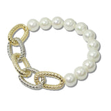 111589, 14K GOLD PLATED PEARL AND METAL LINK STRETCH DESIGNER INSPIRED BRACELET