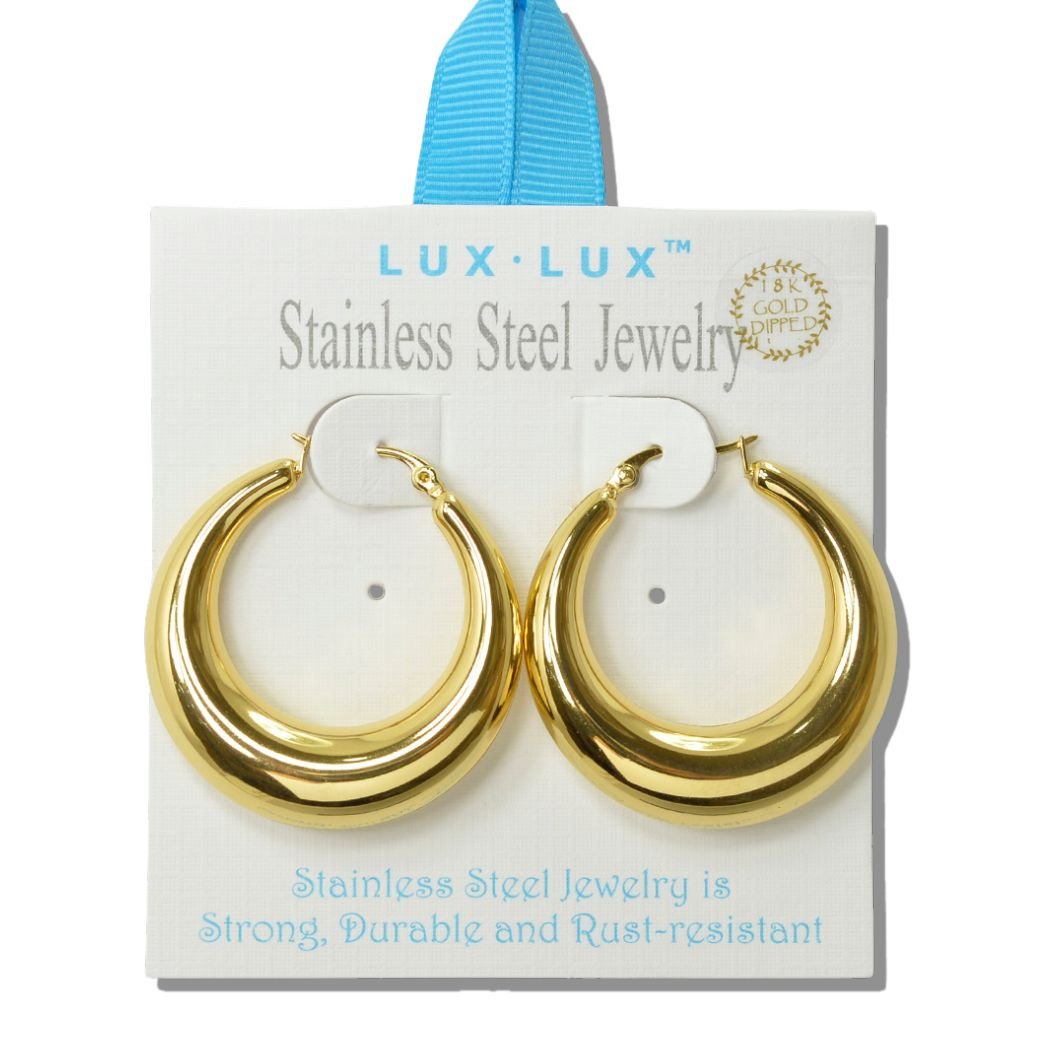 111645, THICK STAINLESS STEEL HOOP EARRINGS – GOOD FEELINGS, INC