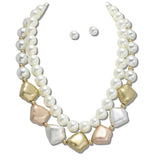 Mixed Metal Matte Bead and Faux Pearl Statement Necklace