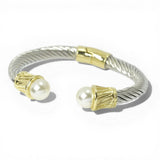 14K Gold Plated TWO Tone Pearl Spiral Hinged Cuff Designer Inspired Bracelet