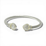 14K Gold Plated TWO Tone Twisted Cable Pave Heart Cuff Designer Inspired Bracelet