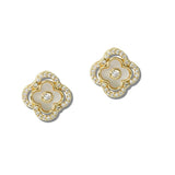 14K Gold Plated Mother of Pearl Clover CZ Stud Earrings