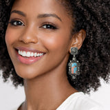 Western Multi Turquoise Stone Rectangular Drop Earrings - view 2