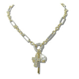 14K Gold Plated Mixed Cross and Pearl Charm Designer Inspired Necklace