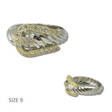 111815, 14K GOLD PLATED PAVE CZ RIBBED BUCKLE DESIGNER INSPIRED RING