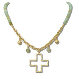 111838, CUTOUT CROSS AND NATURAL STONE CHARM BEADED NECKLACE