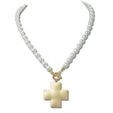 111852, MATTE CROSS PENDANT PEARL BEADED TOGGLE NECKLACE wholesale fashion jewelry - GOOD FEELINGS, INC