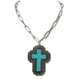 111917, WESTERN TURQUOISE SCALLOPED CROSS PAPERCLIP NECKLACE wholesale fashion jewelry - GOOD FEELINGS, INC