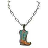 111918, WESTERN TURQUOISE COWBOY BOOT PAPERCLIP NECKLACE wholesale fashion jewelry - GOOD FEELINGS, INC