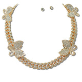 Pave Cuban Link Butterfly Necklace and Stud Earring SET