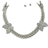 Pave Cuban Link Butterfly Necklace and Stud Earring SET - view 2