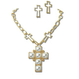 Pearl Cross Pendant Necklace and Earring SET