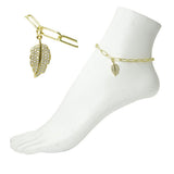 112432, STAINLESS STEEL PAVE CRYSTAL LEAF CHARM LINK ANKLET wholesale fashion jewelry - GOOD FEELINGS, INC