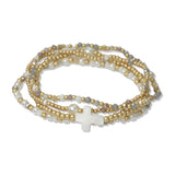 112495, MOP CROSS ACCENT MULTI LAYERED BEADED STRETCH BRACELET