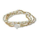 112495, MOP CROSS ACCENT MULTI LAYERED BEADED STRETCH BRACELET