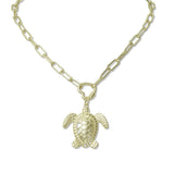 14K Gold Plated SEA Turtle Pendant Paperclip Chain Necklace