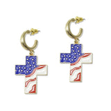 USA Patriotic American Flag Cross Hoop Earrings