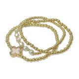 112548, MOP CLOVER FRESHWATER PEARL ACCENT MULTI LAYERED BEADED STERTCH BRACELET