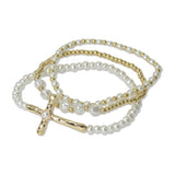 112549, HAMMERED CROSS ACCENT PEARL MULTI LAYERED BEADED STERTCH BRACELET