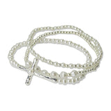 112549, HAMMERED CROSS ACCENT PEARL MULTI LAYERED BEADED STERTCH BRACELET