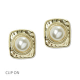 112556, HAMMERED SQUARE PEARL CLIP ON EARRINGS