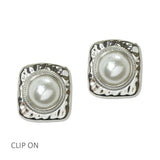 112556, HAMMERED SQUARE PEARL CLIP ON EARRINGS